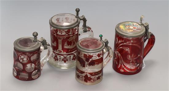 Four Bohemian ruby flash glass steins tallest 17cm